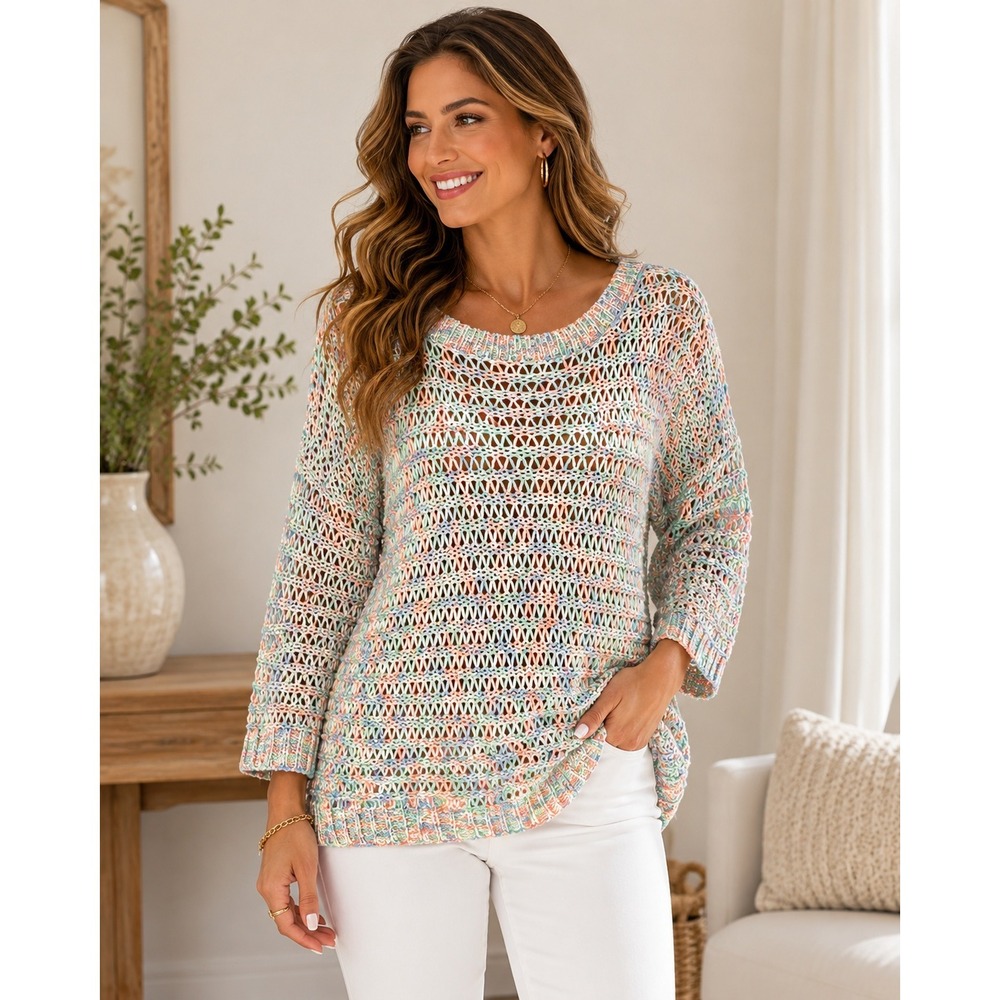 QS‎ by s.Oliver Women Pastel Space Dye Open Knit Sweater Large Scoop Neck Boho